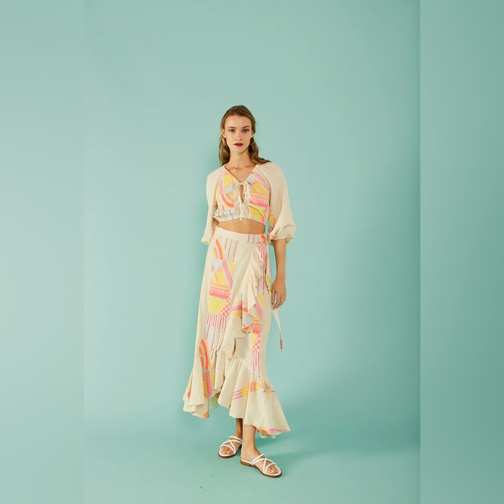 Nema Resort Wear Lilian Embroidered Skirt Top Set Rainbow Greek Boho Small $310